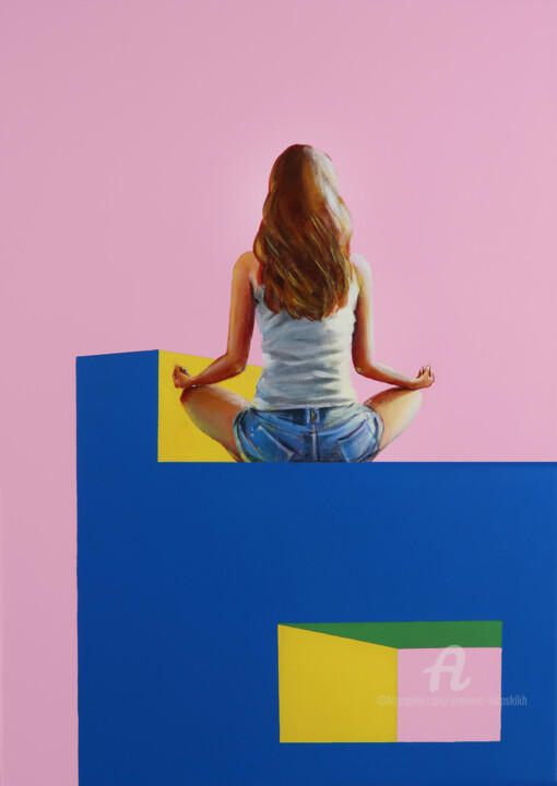 Painting titled "Girl and Yoga" by Svetlana Iskoskikh, Original Artwork, Acrylic Mounted on Wood Stretcher frame