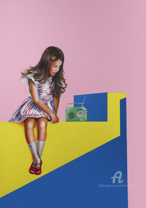 Peinture intitulée "Brunette girl on th…" par Svetlana Iskoskikh, Œuvre d'art originale, Acrylique Monté sur Châssis en bois