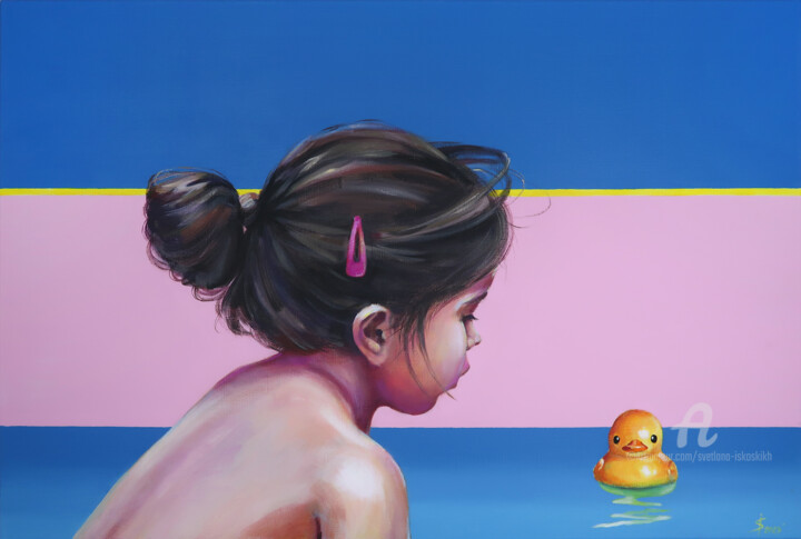 Painting titled "A girl and a duck" by Svetlana Iskoskikh, Original Artwork, Acrylic Mounted on Wood Stretcher frame