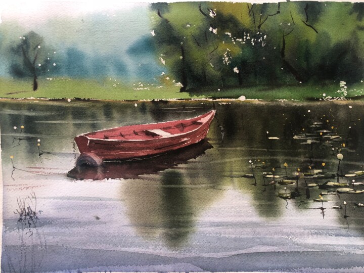 Malerei mit dem Titel "Red boat" von Svetlana Kostina, Original-Kunstwerk, Aquarell