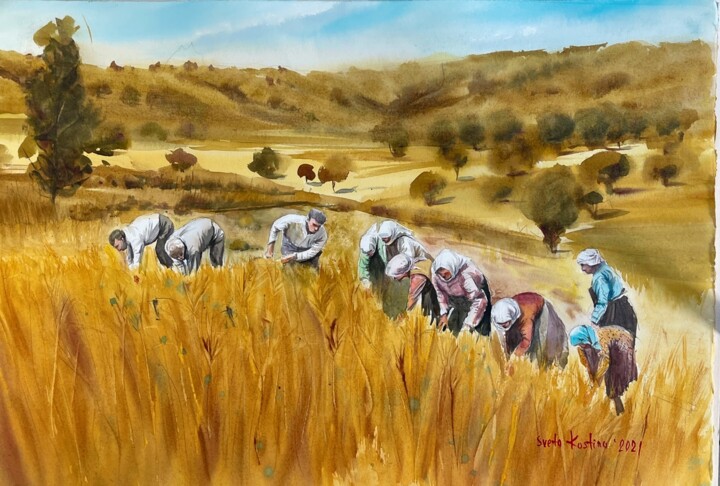 Pintura intitulada "White shawls #1" por Svetlana Kostina, Obras de arte originais, Aquarela