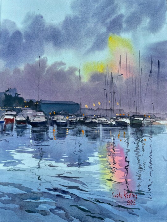 Картина под названием "Yachts at sunset #2" - Svetlana Kostina, Подлинное произведение искусства, Акварель