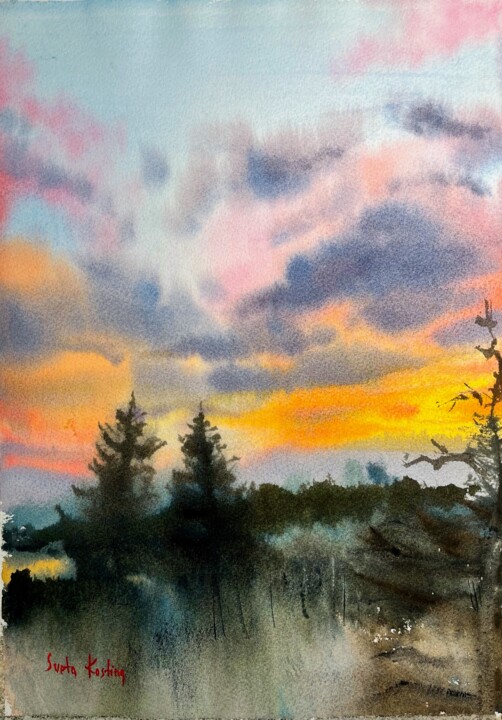 Рисунок под названием "Sunset scene" - Svetlana Kostina, Подлинное произведение искусства, Акварель