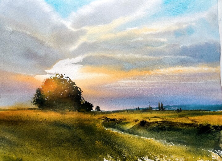 Картина под названием "Sunset magic , Cypr…" - Svetlana Kostina, Подлинное произведение искусства, Акварель