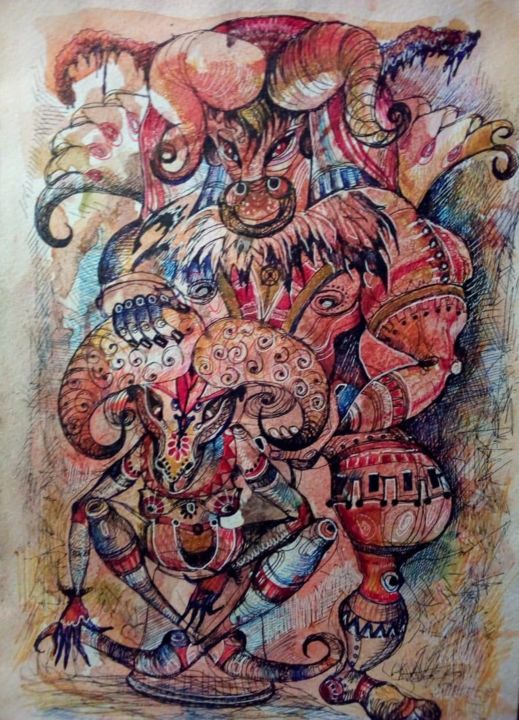 Dibujo titulada "Телец и Овен" por Svetlana Kovkova, Obra de arte original, Bolígrafo