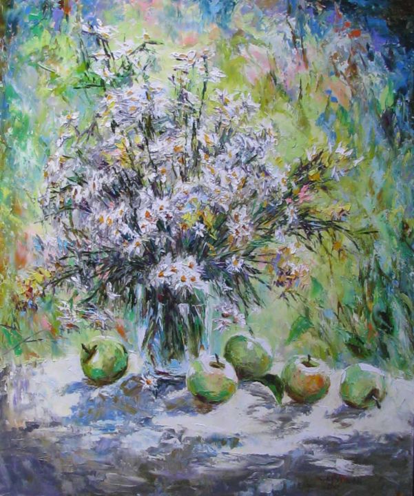 Картина под названием "Ромашки и яблоки" - Svetlana Kruglov, Подлинное произведение искусства