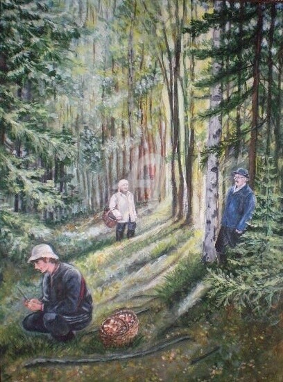 Malerei mit dem Titel "Грибники" von Svetlana Krugovenkova, Original-Kunstwerk
