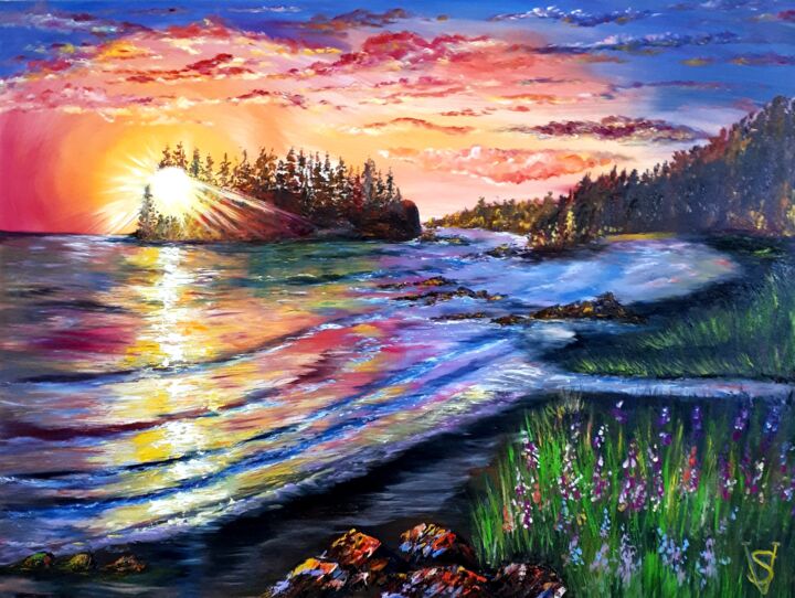 Painting titled "Sunset. Sea" by Svetlana Kunegina, Original Artwork, Oil