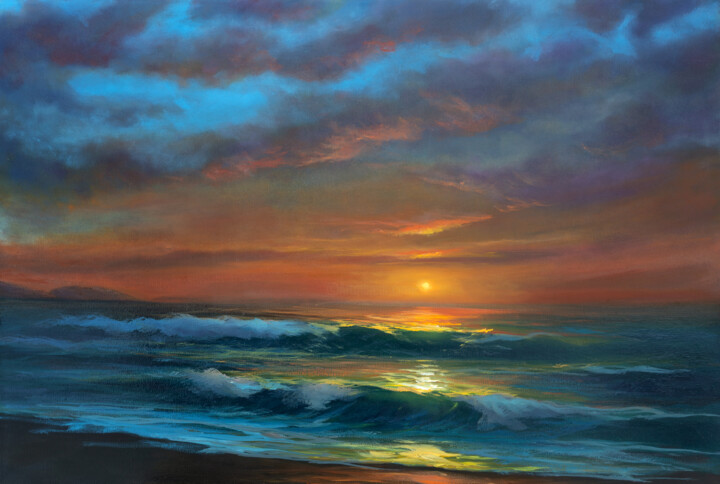 Painting titled "Sea sunset" by Svetlana Lebedeva, Original Artwork, Oil Mounted on Wood Stretcher frame