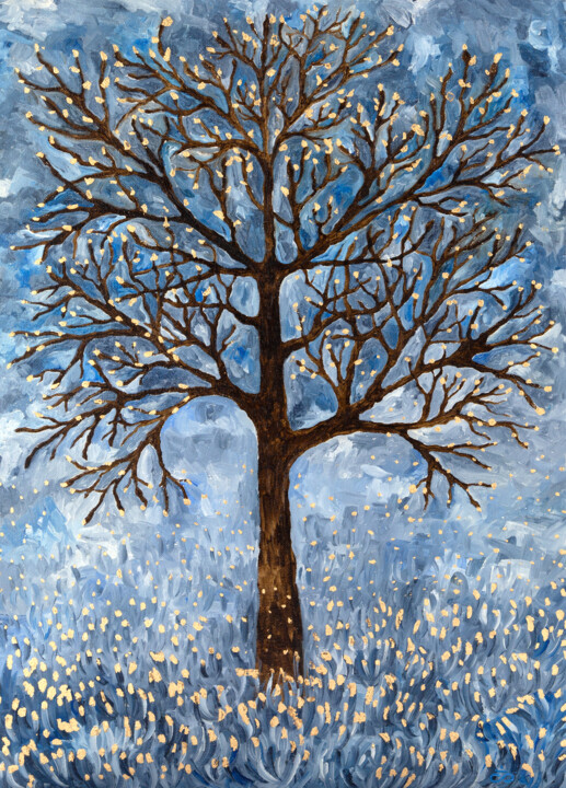 Painting titled "Winter tree" by Svetlana Lebedeva, Original Artwork, Oil Mounted on Cardboard