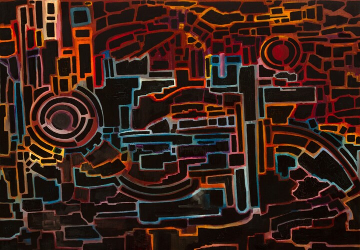 Картина под названием "E-city" - Svetlana Lebedeva, Подлинное произведение искусства, Масло Установлен на Деревянная рама дл…