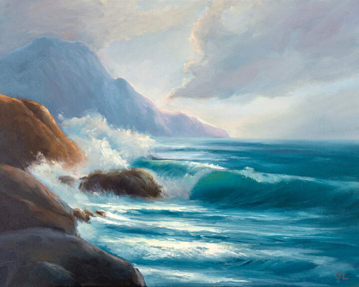 Картина под названием "Rocky coast" - Svetlana Lebedeva, Подлинное произведение искусства, Масло Установлен на Деревянная ра…