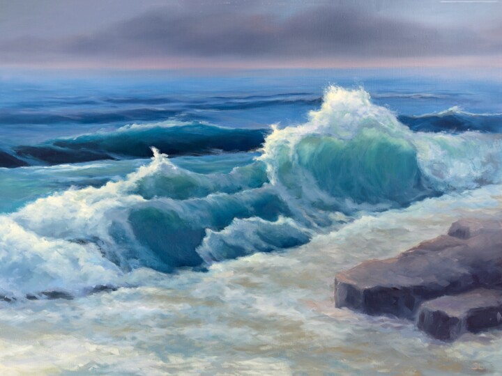 Картина под названием "Wave at sunset" - Svetlana Lebedeva, Подлинное произведение искусства, Масло Установлен на Деревянная…