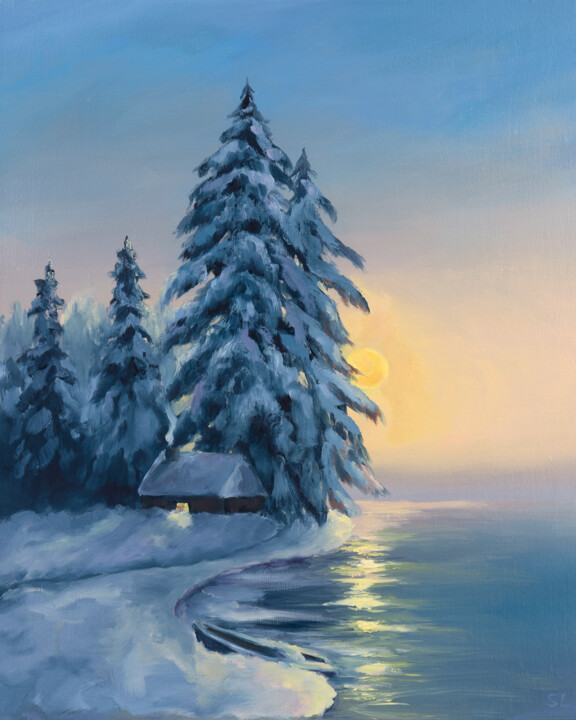 Картина под названием "House on the lake" - Svetlana Lebedeva, Подлинное произведение искусства, Масло Установлен на Деревян…