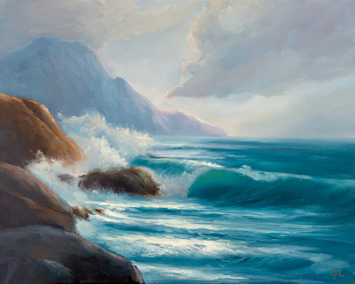Painting titled "Rocky coast" by Svetlana Lebedeva, Original Artwork, Oil Mounted on Wood Stretcher frame