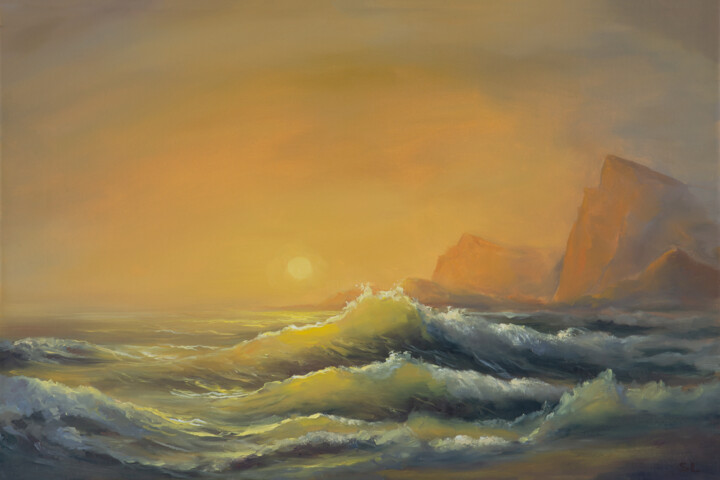 Картина под названием "Golden sunset" - Svetlana Lebedeva, Подлинное произведение искусства, Масло Установлен на Деревянная…