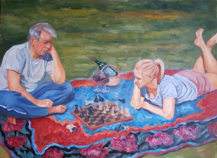 Painting titled "The Players" by Svetlana Grishkovec-Kiisky, Original Art, Oil Mounted on Stretcher frame