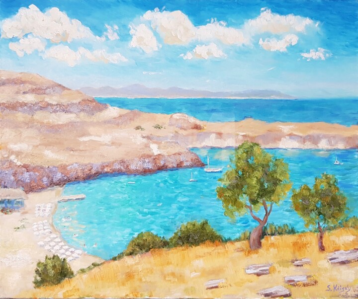Painting titled "Rhodes. View to the…" by Svetlana Grishkovec-Kiisky, Original Art, Oil Mounted on Stretcher frame