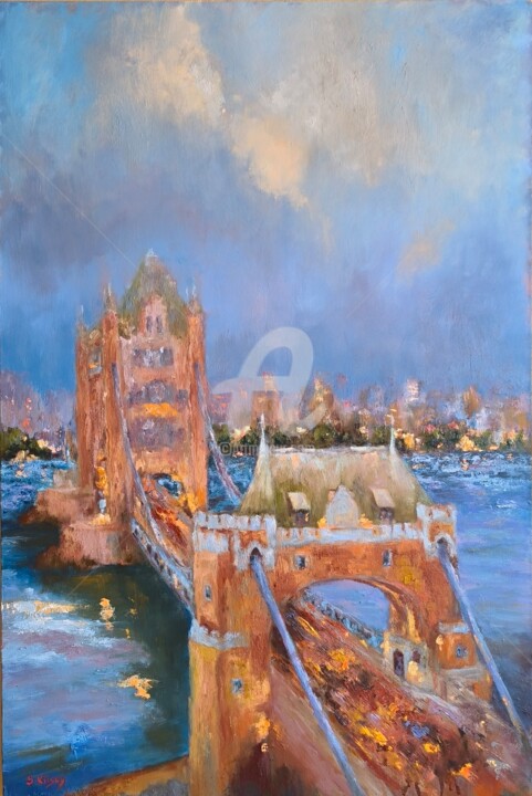 Painting titled "Evening Tower bridge" by Svetlana Grishkovec-Kiisky, Original Artwork, Oil Mounted on Wood Stretcher frame
