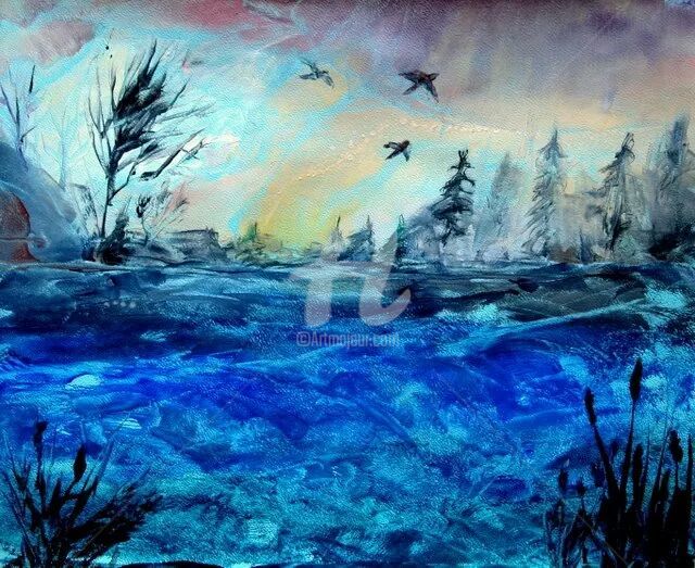 Pittura intitolato "Il paesaggio blu" da Svety Art, Opera d'arte originale