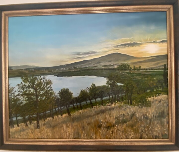 Painting titled "Sunset on Lake Lisi" by Svetlana Pataridze, Original Artwork, Oil