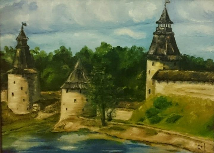 Painting titled "Псковский Кремль" by Svetlana Poniaeva, Original Artwork, Oil