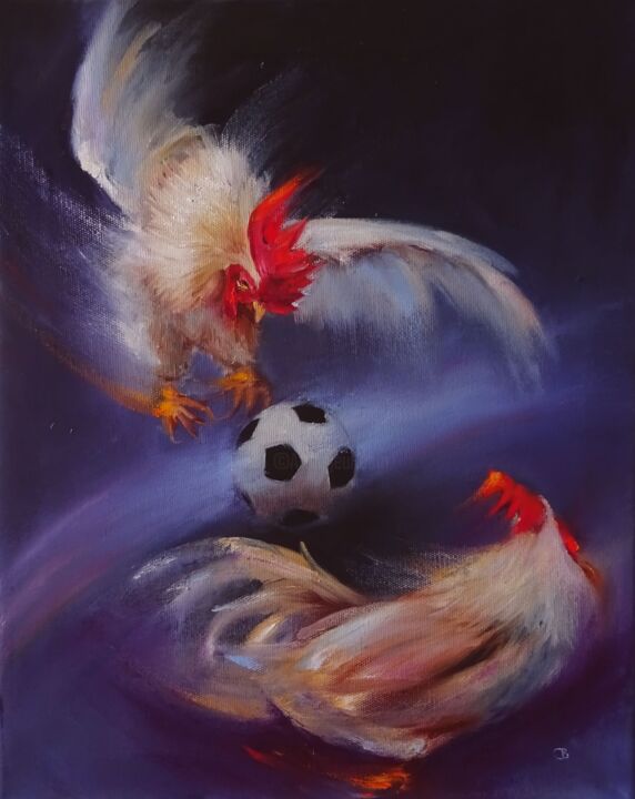 Schilderij getiteld "Петухи и футбол" door Svetlana Razumova, Origineel Kunstwerk, Olie