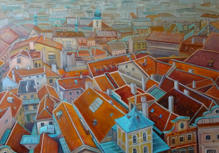 Peinture intitulée "Поэзия красных крыш" par Svetlana Razumova, Œuvre d'art originale, Huile