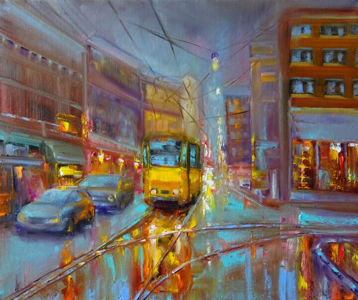 Schilderij getiteld "Желтый трамвай" door Svetlana Razumova, Origineel Kunstwerk, Olie