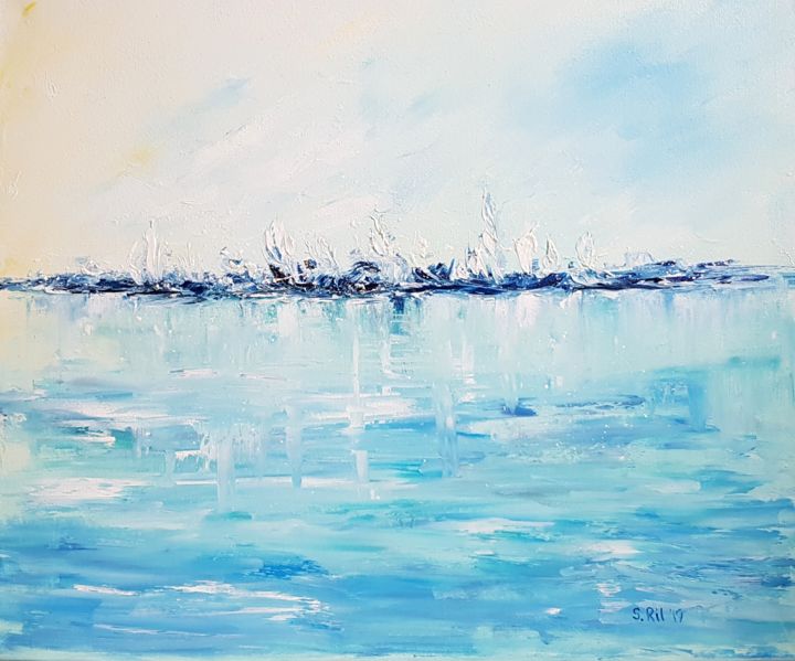 Painting titled "Blue sailboats sea…" by Svetlana Rylova, Original Art, Oil