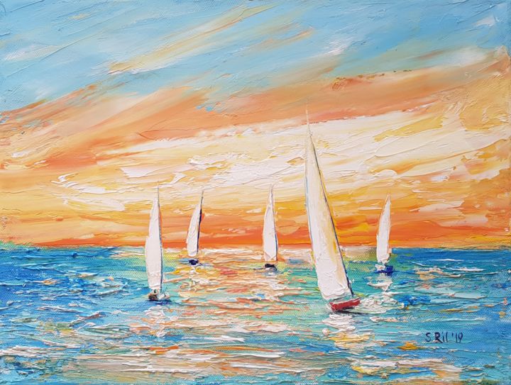 Painting titled "Yacht race, sailing…" by Svetlana Rylova, Original Art, Oil