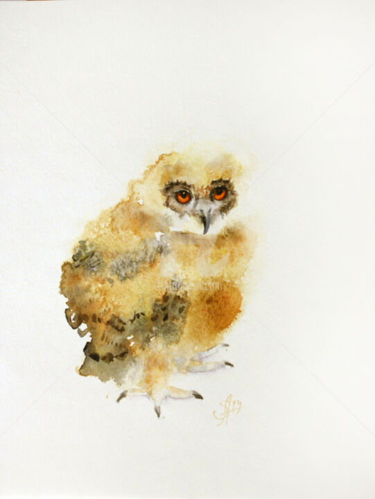 「Baby Owl I」というタイトルの絵画 Svetlana Samovarova (SA.LANA)によって, オリジナルのアートワーク, 水彩画