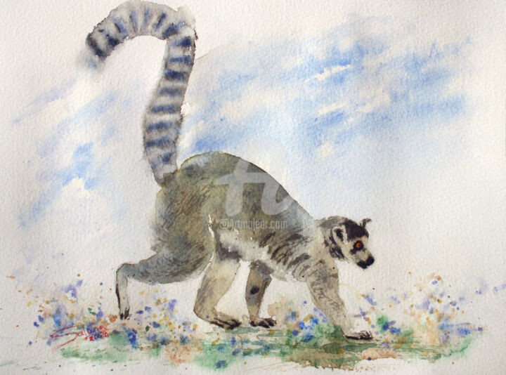 Painting titled "LEMUR II" by Svetlana Samovarova (SA.LANA), Original Artwork, Watercolor