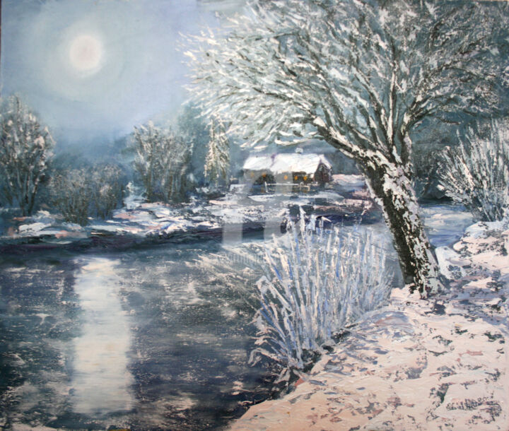 Painting titled "Winter evening" by Svetlana Samovarova (SA.LANA), Original Artwork, Oil