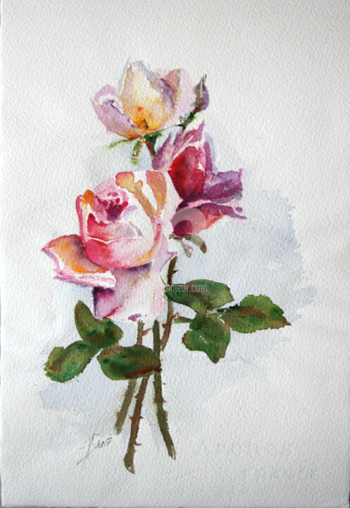 Schilderij getiteld "Roses" door Svetlana Samovarova (SA.LANA), Origineel Kunstwerk, Aquarel