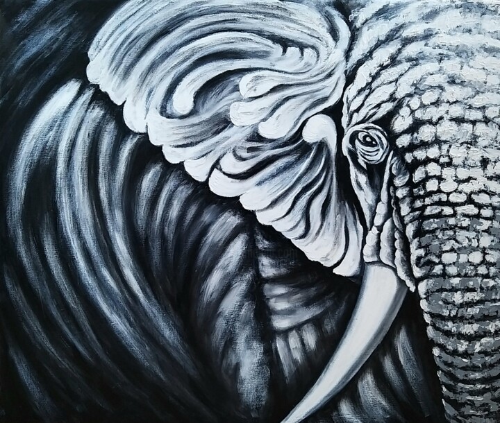 Schilderij getiteld "Elephant. White on…" door Svetlana Samsonova, Origineel Kunstwerk, Olie