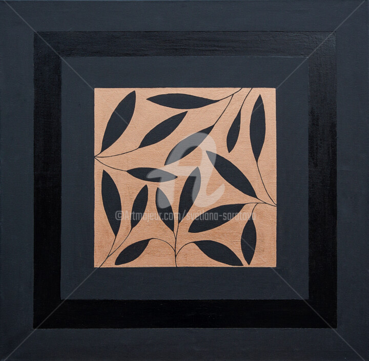 Painting titled "Black leaves in gold" by Svetlana Saratova, Original Artwork, Acrylic