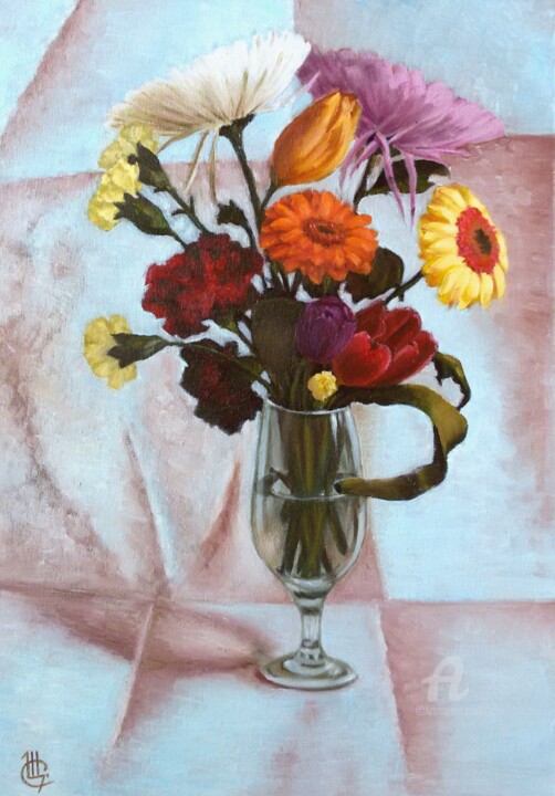 Картина под названием "Bouquet with gerber…" - Svetlana Shcherilya, Подлинное произведение искусства, Масло Установлен на ка…