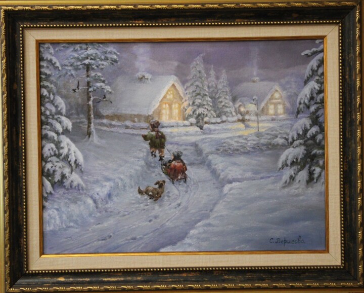 Malerei mit dem Titel "Winter fun" von Svetlana Verisova /Brezashka/, Original-Kunstwerk, Öl Auf Keilrahmen aus Holz montiert