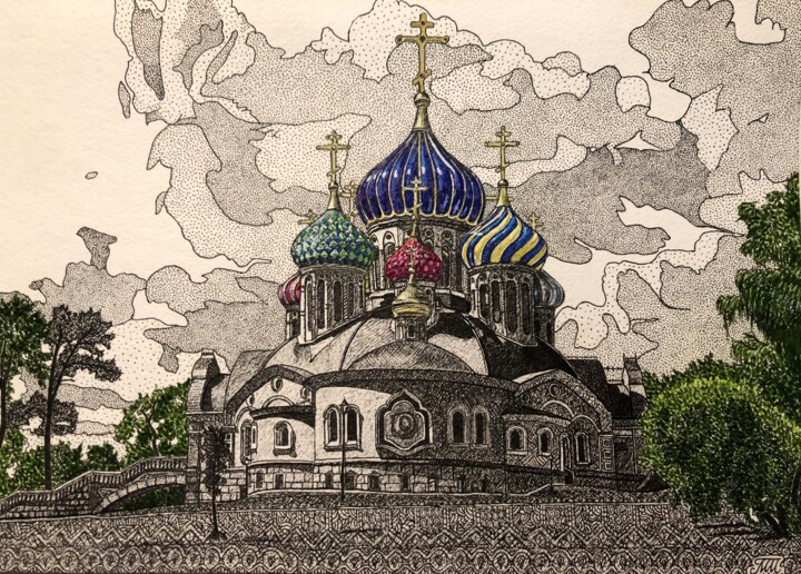 Картина под названием "Храм Игоря Чернигов…" - Светлана Морозова, Подлинное произведение искусства, Гелевая ручка