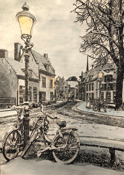 Painting titled "Winter Amsterdam" by Svetlana Morozova, Original Artwork, Gel pen