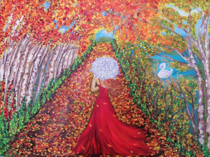 Картина под названием "Девушка Осень" - Svetlana Sklyar, Подлинное произведение искусства, Масло Установлен на Деревянная ра…