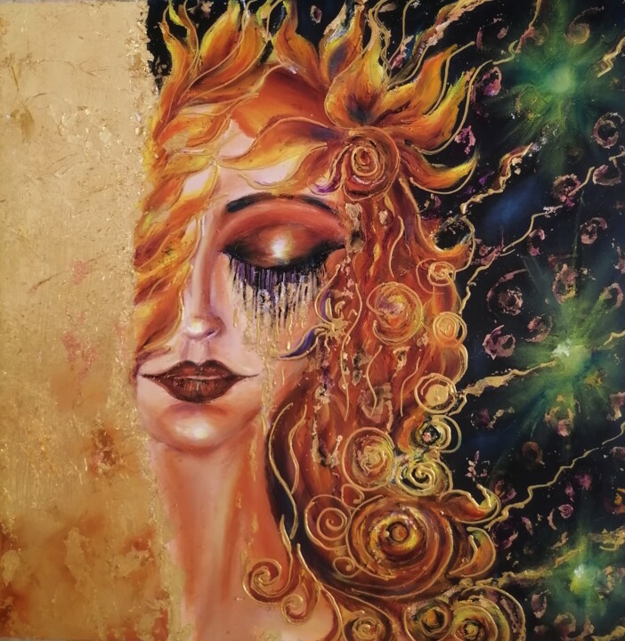 Painting titled "Immortal gold tears" by Svetlana Sklyar, Original Artwork, Oil Mounted on Wood Panel