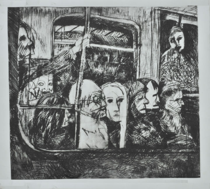 Druckgrafik mit dem Titel "люди в метро" von Svetlana Kochetkova, Original-Kunstwerk, Gravur