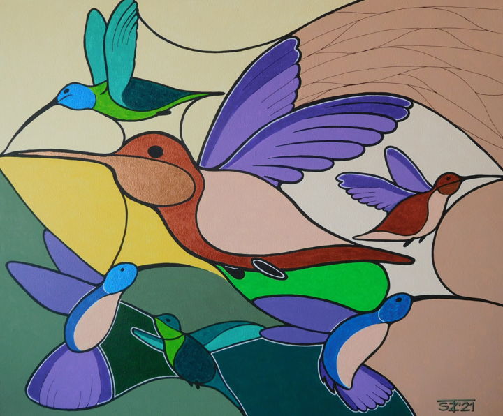 Painting titled "Colibris World" by Svetlozar Tenov, Original Art, Acrylic
