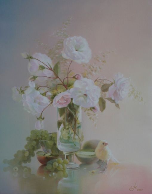 Painting titled "Белые розочки" by Natalia Svetnenko, Original Artwork, Oil