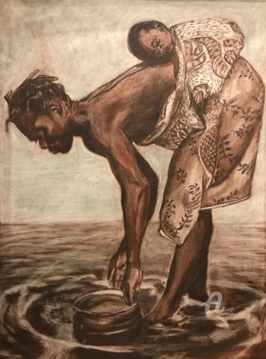 Drawing titled "Mosadi with potjie" by Svet Schiel Gallery, Original Artwork, Chalk Mounted on Cardboard