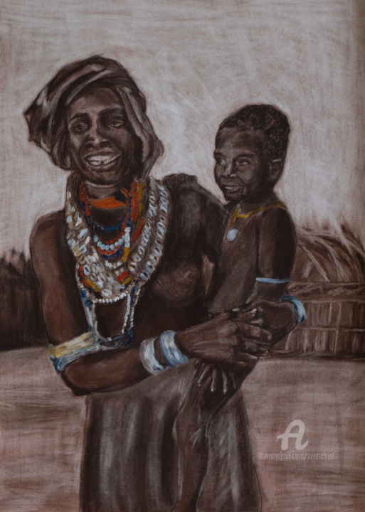 Desenho intitulada "Tswana clan. Matern…" por Svet Schiel Gallery, Obras de arte originais, Pastel