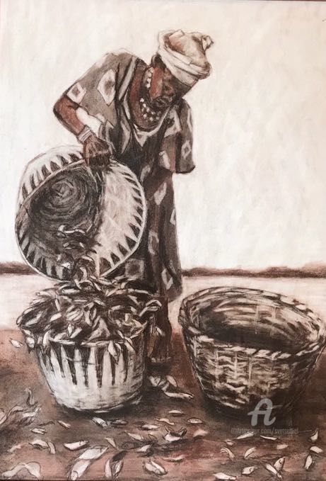Рисунок под названием "Mosadi with baskets…" - Svet Schiel Gallery, Подлинное произведение искусства, Терракота