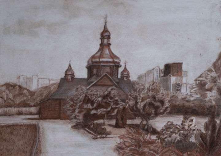 Drawing titled "Stave Church. 2" by Svet Schiel Gallery, Original Artwork, Chalk